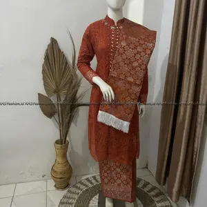 Setelan Kebaya Modern Tunik Brokat Busui Full Payet Kombinasi Rok Songket Selendang Wanita - Dress
