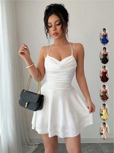 Vestido sexy de estilo francés, ajustado con frunces, color sólido y espalda descubierta; vestido para fiesta perfecto para la temporada de graduaciones; ropa elegante para mujer