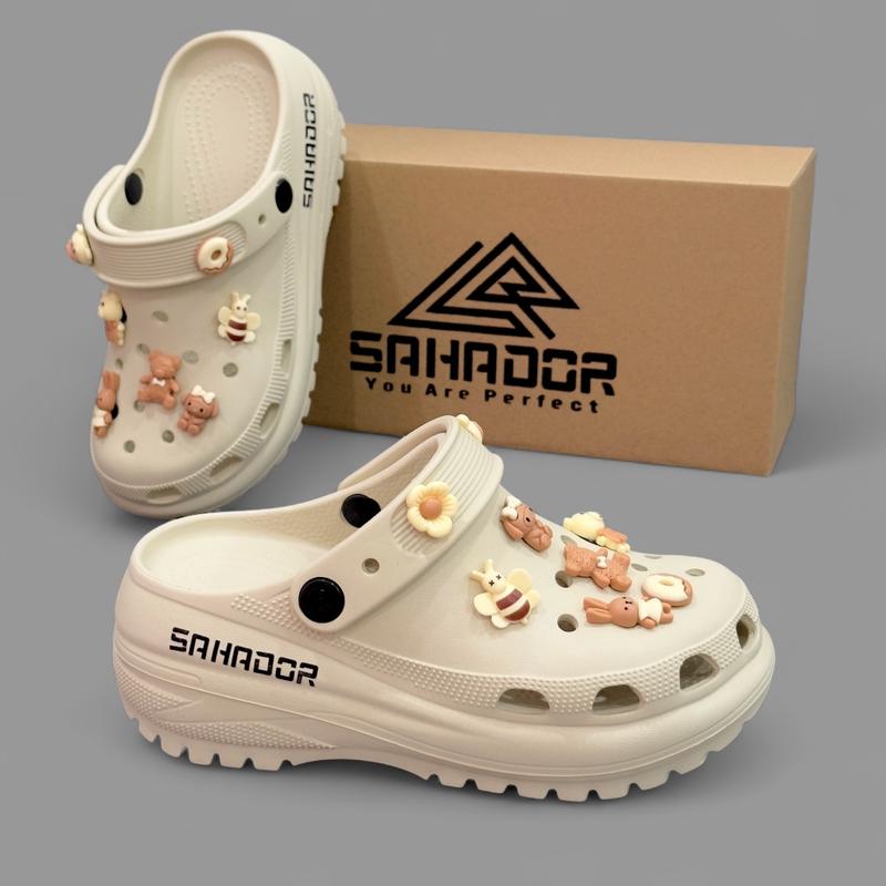Dép sục nữ đế bánh mì SAHADOR nâng chiều cao có quai hậu kèm charm gấu nâu dễ thương đi học SA01