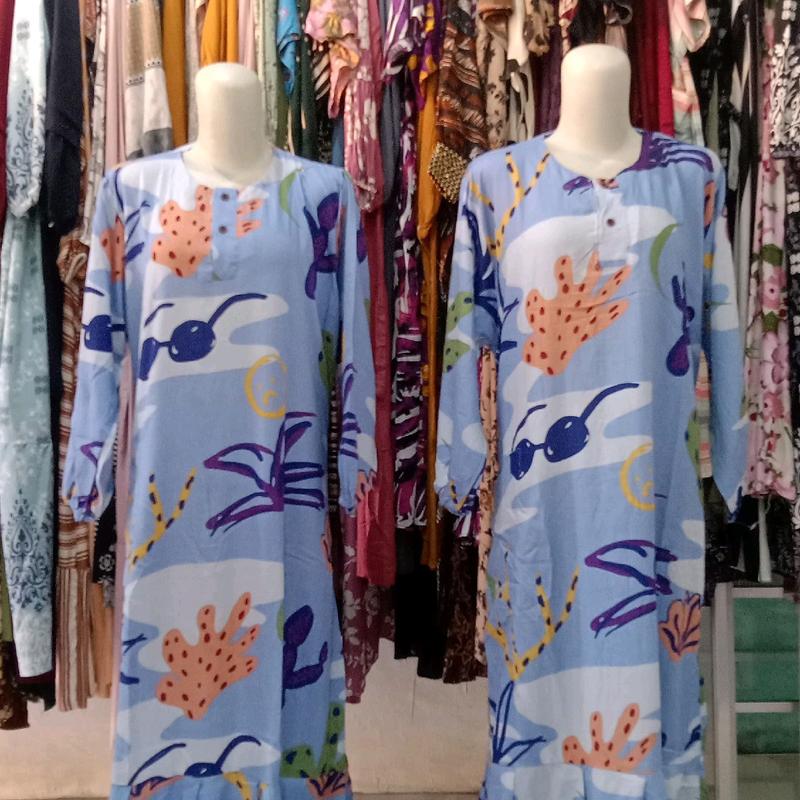 daster rempel panjang bahan rayon busui Ld 120 pb 140  lengan karetan tali kanan kiri & saku 1