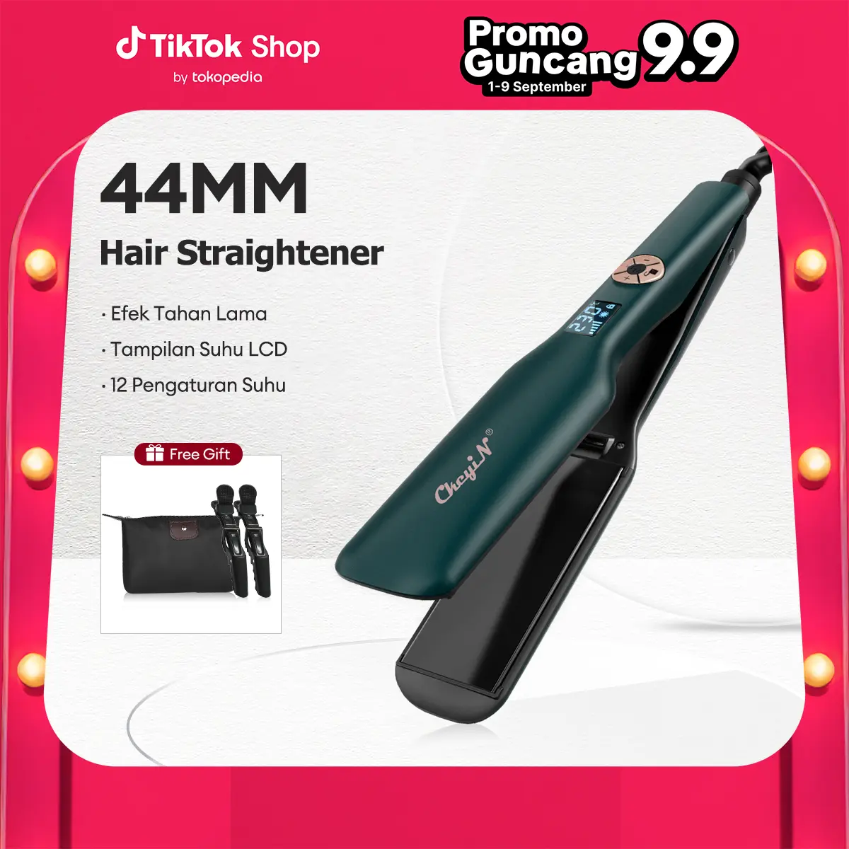 CkeyiN 44MM Catokan Rambut LCD PTC Pengunci Cerdas 2in1 Lurus & Keriting
