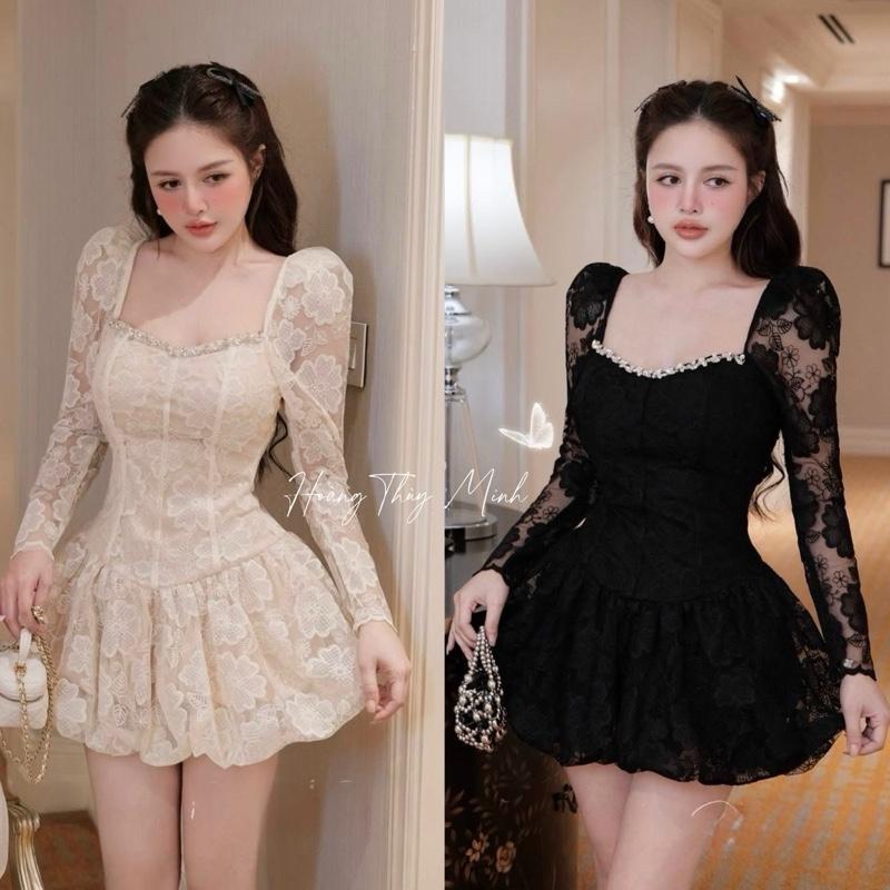  Y2- HOẢ TỐC KÈM QUẦN-CÓ MÚT  Váy Ren Thêu Hoa Tay Dài Dáng Ngắn Đính Dây Đá-HoangThuyMinh97 