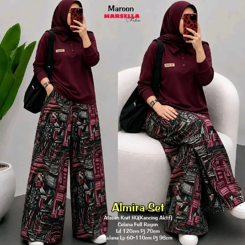 Almira Set • Bahan KNIT Celana Full Rayon LD 120 • Setelan Adem Kekinian Pakaian Baju Wanita