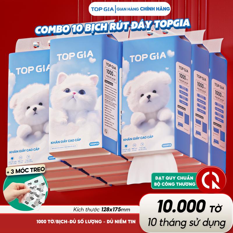 (COMBO TẶNG 3 MÓC TREO TOPGIA) Thùng 10 bịch Khăn Giấy Rút Treo Tường Cao Cấp Gia Gia TopGia 1000 tờ, 4 lớp kèm 3 móc treo tường tiện lợi ĐẠT QUY CHUẨN CỦA BỘ CÔNG THƯƠNG (TG68)