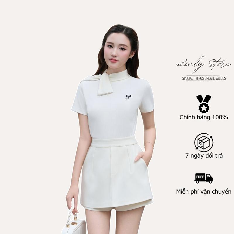 Áo thun trắng cộc tay phối cổ nơ, áo kiểu nữ ôm body thêu nơ tiểu thư Linly Store A-AT10
