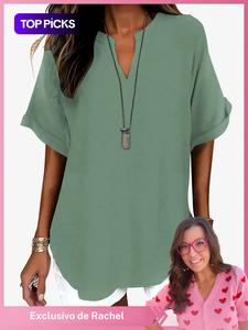 Blusa de mujer sencilla y lisa para oficina, cuello en V con hombros caídos estilo vintage, versátil, manga corta entallada tipo H, moda casual