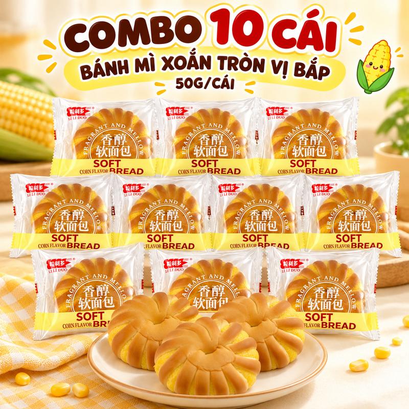 Combo 10 Cái Bánh Mì Xoắn Tròn Vị Bắp 50g/Cái – Bánh Mềm Xốp, Thơm Ngon, Ăn Sáng, Ăn Vặt Tiện Lợi