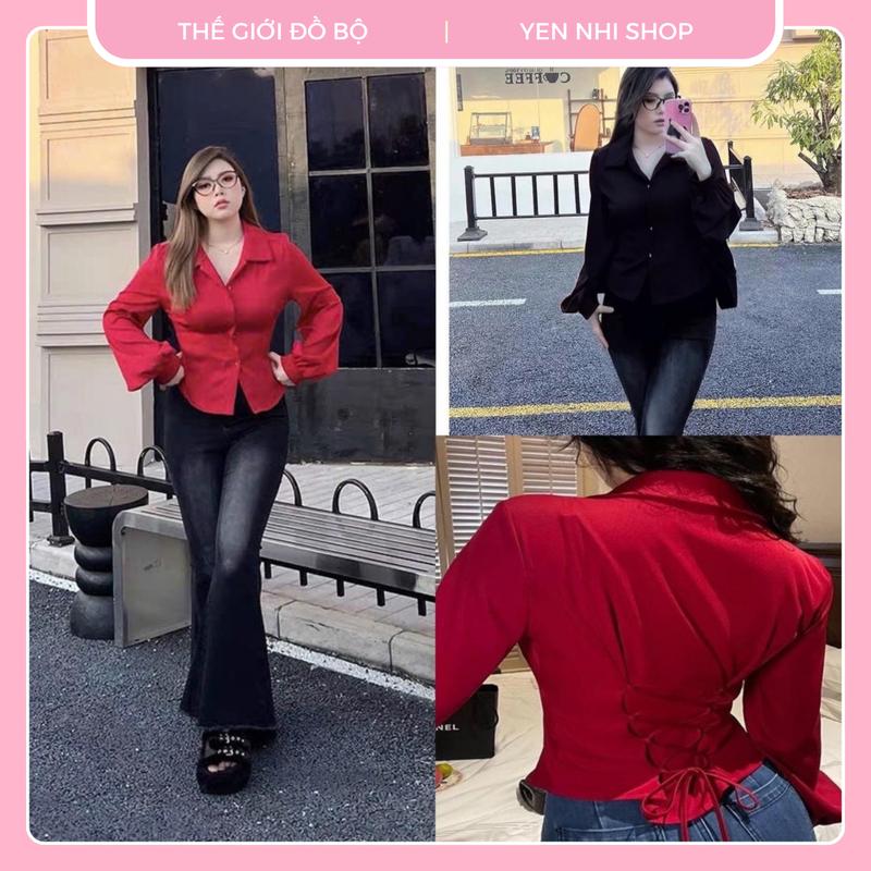 (Bigsize45-90kg) Áo Sơ Mi Nữ Tay Phồng Thắt Nơ Lưng Top Women