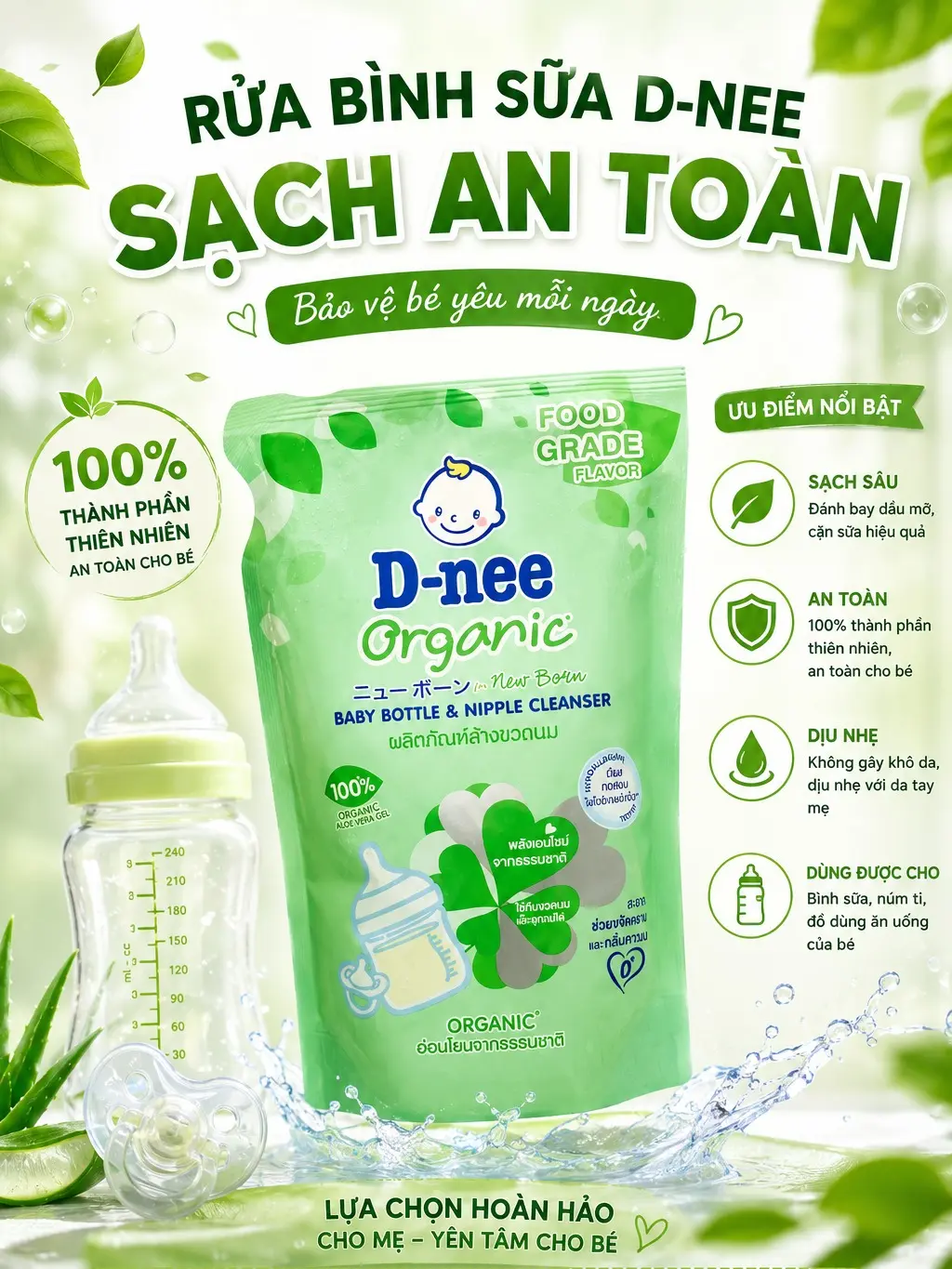 [ COMBO 3 TÚI ] Nước rửa bình Dnee Organic -   Hương cam dịu nhẹ