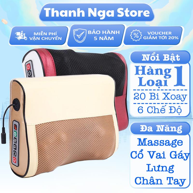 Gối Massage Máy Massahe Thư Giãn Cổ Vai Gáy Hồng Ngoại 20 Bi Xoay Cao Cấp 6 Chế Độ Điều Chỉnh Đèn Hồng Ngoại PU Cao Cấp 24W