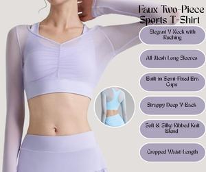 Faux Two-Piece Mesh Yoga Top –Deep V-Neck, Fixed Cups, Ruched Design, Stylish & Supportive Fit[YA63]