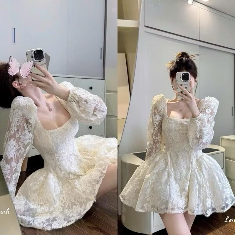  Mèo Mỡ Bigsize— Đầm ren thiết kế mini dáng xoè cổ vuông tay phồng xoè sang chảnh bigsize nữ 60-95kg 