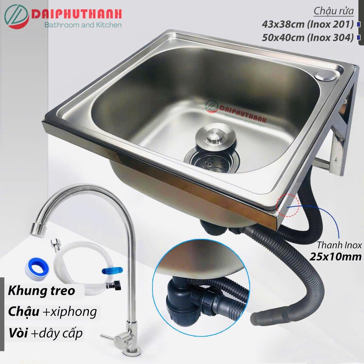 Chậu Rửa Chén Bát Inox Treo Tường Kèm Vòi Lạnh - Đủ bộ gồm Chậu Khung treo Xi phông Vòi