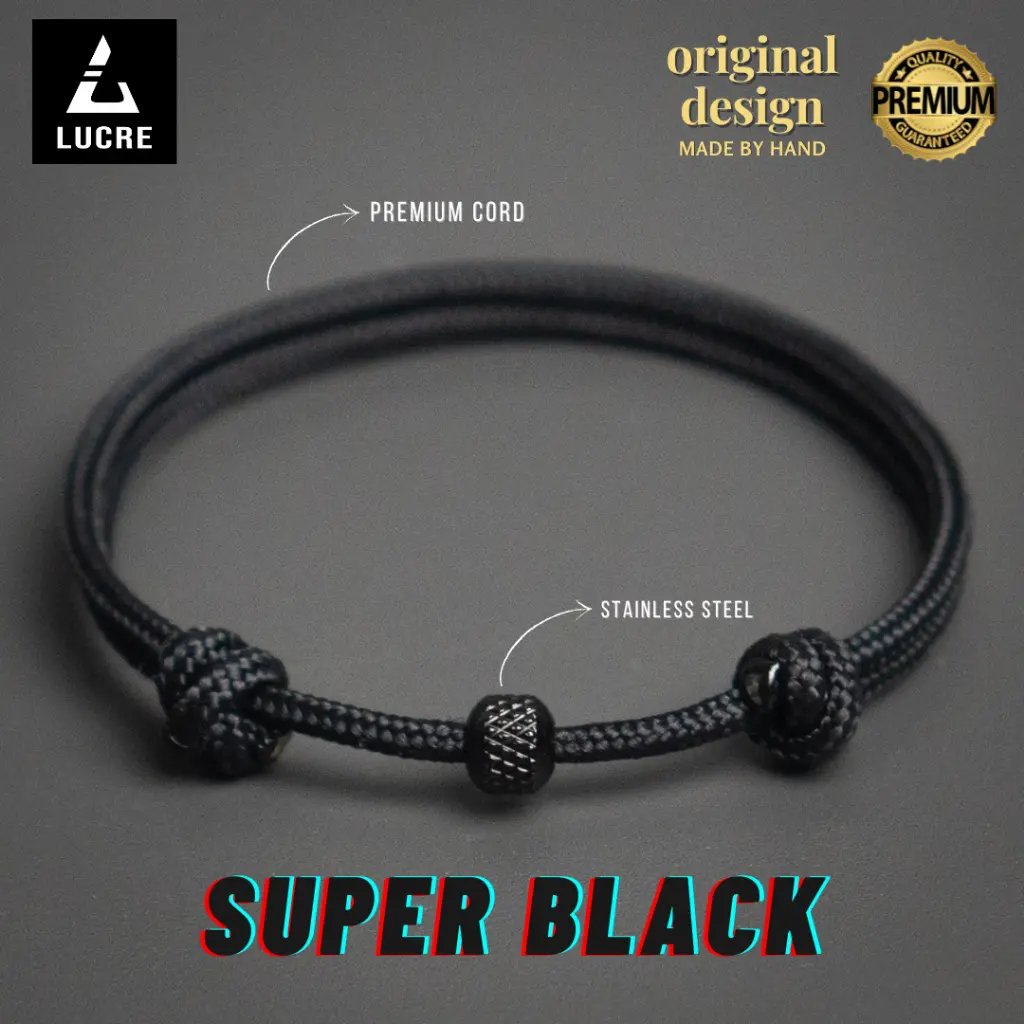 Lucre Gelang Tali Original - SUPER BLACK | Premium Cord Bracelet - Liontin Hitam Titanium Stainless Steel Anti Karat | Gelang Cowok Minimalis Simple Keren Pria Wanita