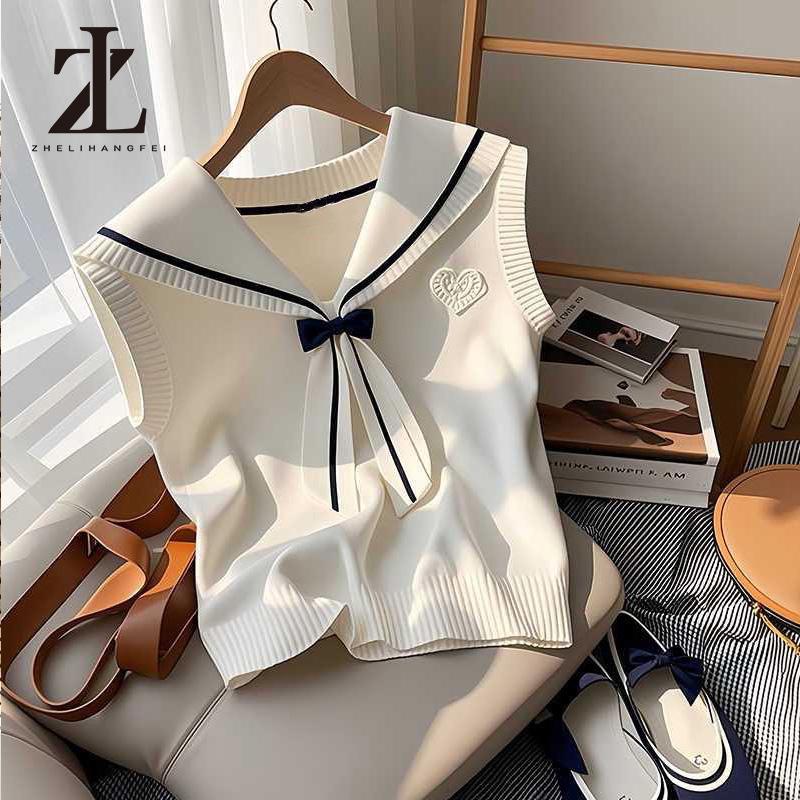 Áo gi lê thắt nơ cổ hải quân áo dệt kim tôn dáng kiểu Hàn Quốc mẫu mới mùa hè cho nữ