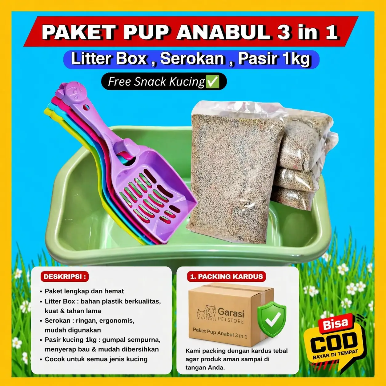 Paket Pup Anabul Starter Kit 3 in1 Litter Box / Serokan / Pasir 1kg FREE SNACK KUCING Bak Pasir Cat