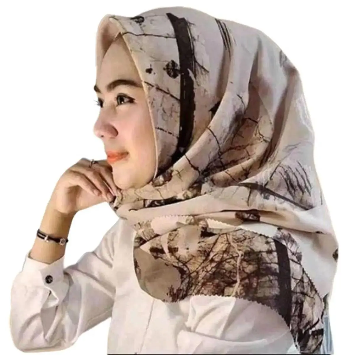 Hijab Voal Segi Empat Warna Mocca Kerudung Muslim Square Mewah Printing voal  motif daun
