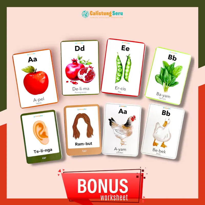 Flash Card Anggota Tubuh - Binatang - Buah - Sayur Bahasa Indonesia Inggris Alat Belajar Anak Edukasi Kartu Hadiah Toys 0