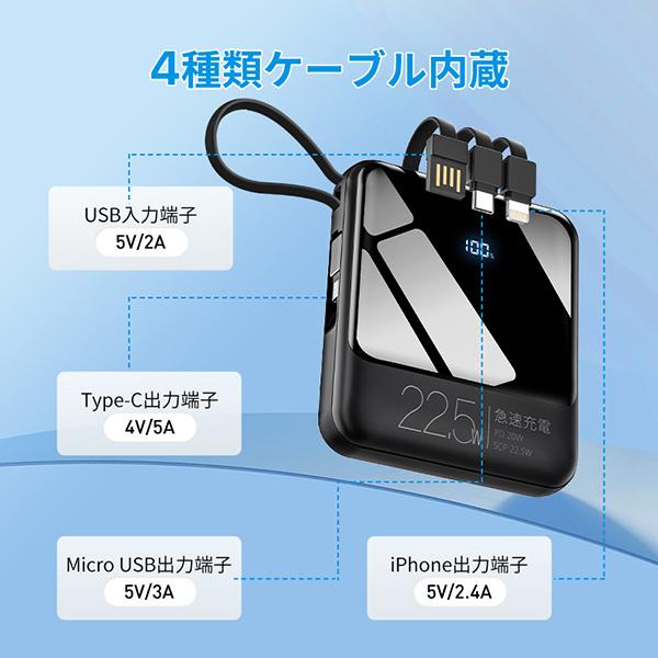 モバイルバッテリー 軽量 小型 22800mAh バッテリー 大容量 22.5W 急速充電 5台同時充電 充電器 ケーブル内蔵 携帯充電器 SCP 22.5W/PD 20W/QC 3.0最速 機内持込 防災グッズ 扇風機 ハンディファン iPhone iPad Android 対応