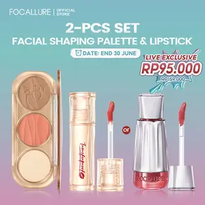 [Official]FOCALLURE 2pcs Set 3-in-1 Facial Shaping Palette Highlighter & Contour & Blush + Transferproof Glazed Shine Lip Tint & Satin Lip Glaze