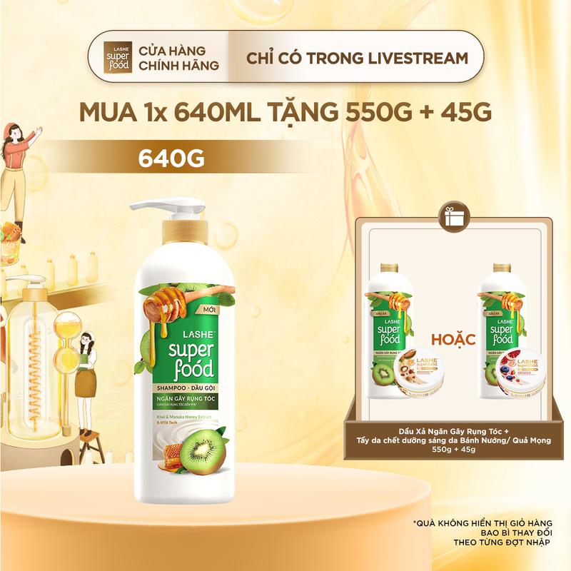 Combo Dầu gội LASHE SUPERFOOD ngăn gãy rụng tóc 640G + Tặng Dầu xả LASHE SUPERFOOD ngăn gãy rụng tóc 550G & Kem Tuyết Tẩy Tế Bào Chết LASHE SUPERFOOD Dưỡng Sáng Da Hương Quả Mọng Hương Bánh Nướng 45G