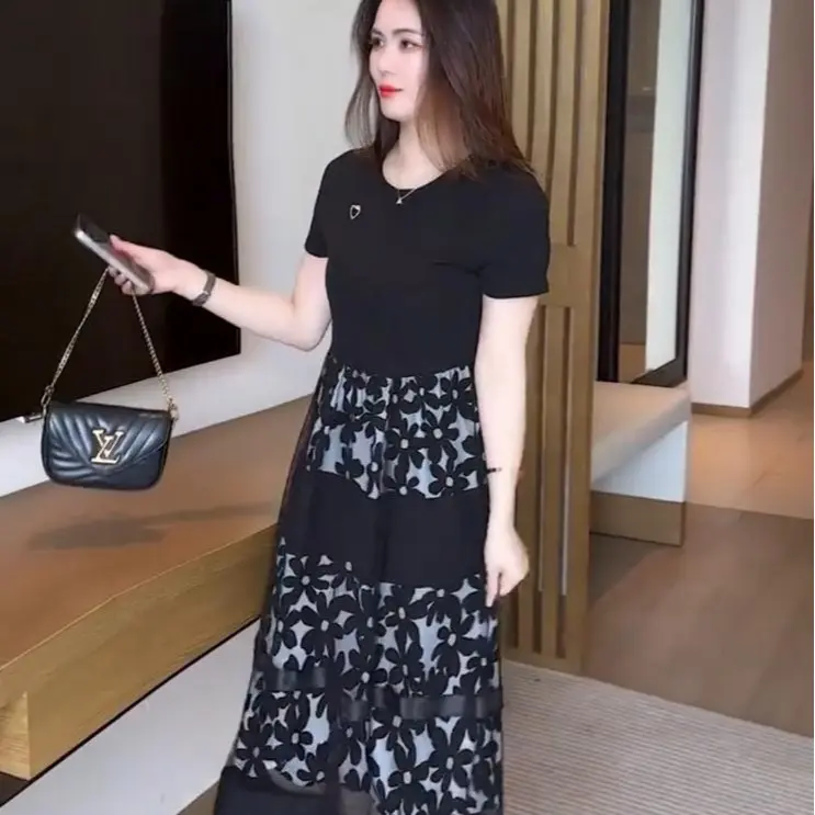 Váy Lưới, Thời Trang, Cổ Tròn, ngắn Tay, Dáng Rộng Vừa Vặn, Dài Trung Bình Che Kín Thân, Phong Cách Hàn Quốc, Dành Cho Trang Phục Mùa Hè Của Phụ Nữ