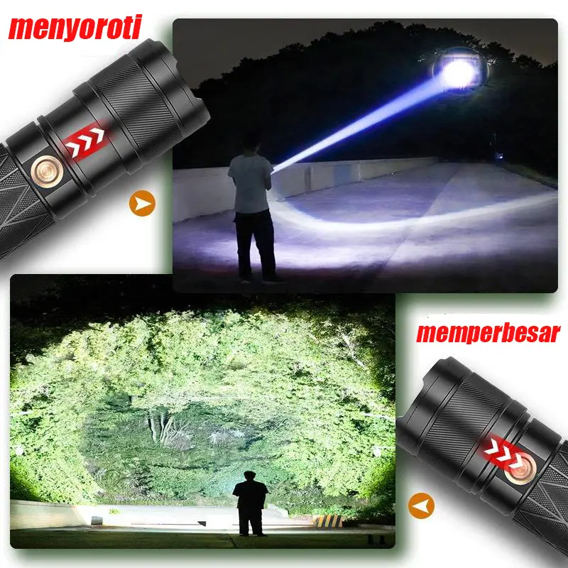 Senter penerangan portabel LED super terang 100 watt murah asli, gratis pengisi daya USB, lampu luar ruangan, senter isi ulang multifungsi Baterai senter Senter Led lampu  sorot senter  transparan 3