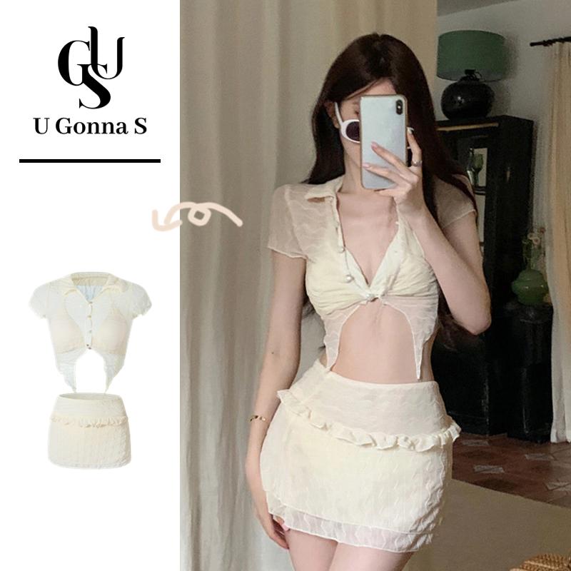 Bộ đồ bơi hai mảnh trang phục đi biển Áo Tắm Phụ Nữ Sexy nâng Padding 3 Mảnh 2024 phong cách mới Với Bìa up v-Cổ tay ngắn eo cao Dễ Thương Thời Trang Căng Ra Hàn Quốc Voi