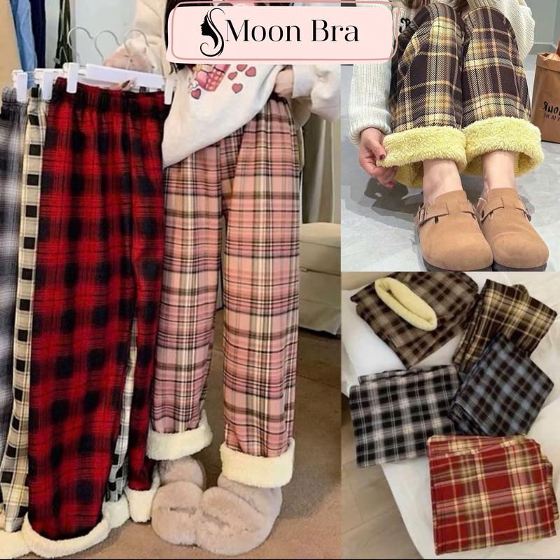 HÀNG ĐẸP-LOẠI 1 Quần Kẻ Lót Lông Nhiều Màu Quần Ca Rô Nữ Ống Rộng Lót Lông Dáng Suông Giữ Nhiệt Mùa Đông Kẻ Sọc có mầu kẻ đỏ TẾT Women Nữ