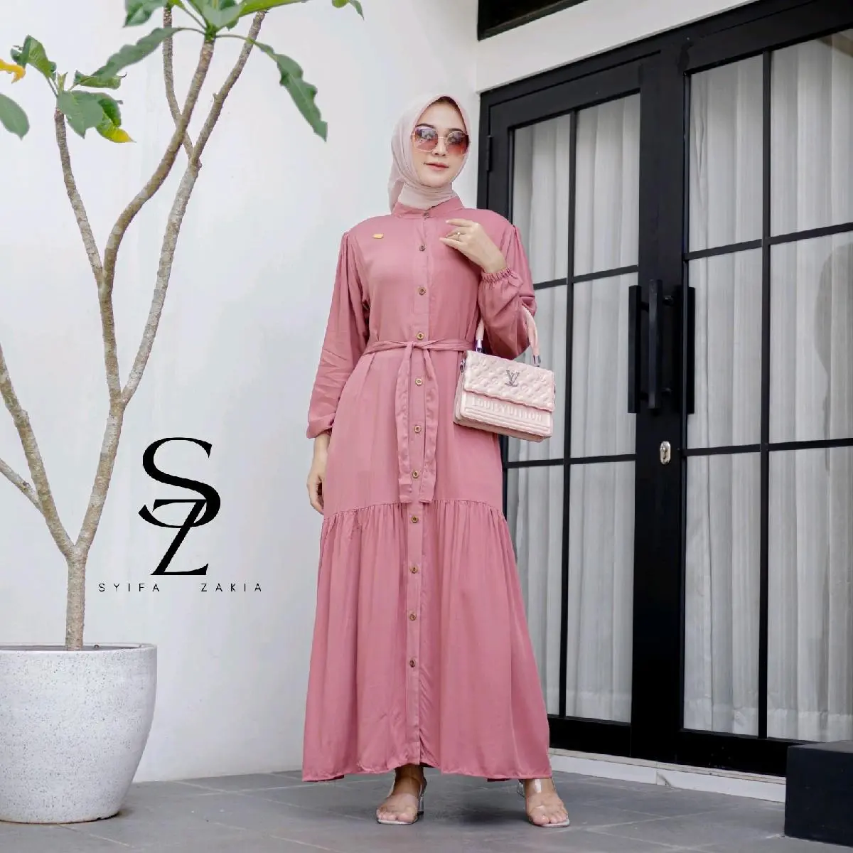 Khadijah Dress Panjang 135 Polos Bahan Rayon Twill Premium Full Kancing Aktif