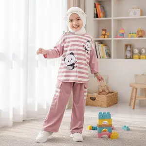 CARLINA Setelan Anak Baju Salur Panda Cute Oversized dan Celana Kargo Fashion