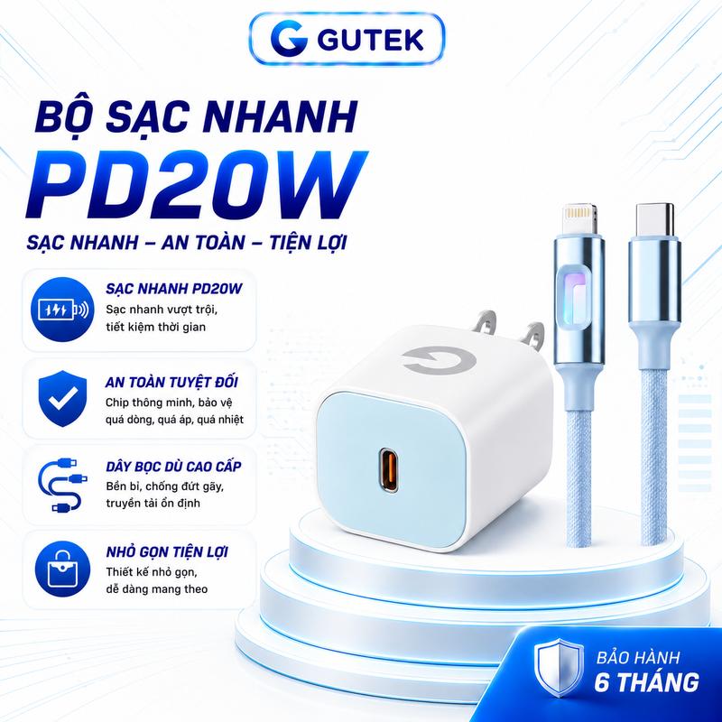 - Bộ sạc nhanh PD20w củ cốc sạc cổng type-c kèm dây bọc dù chống đứt - Gutek S24