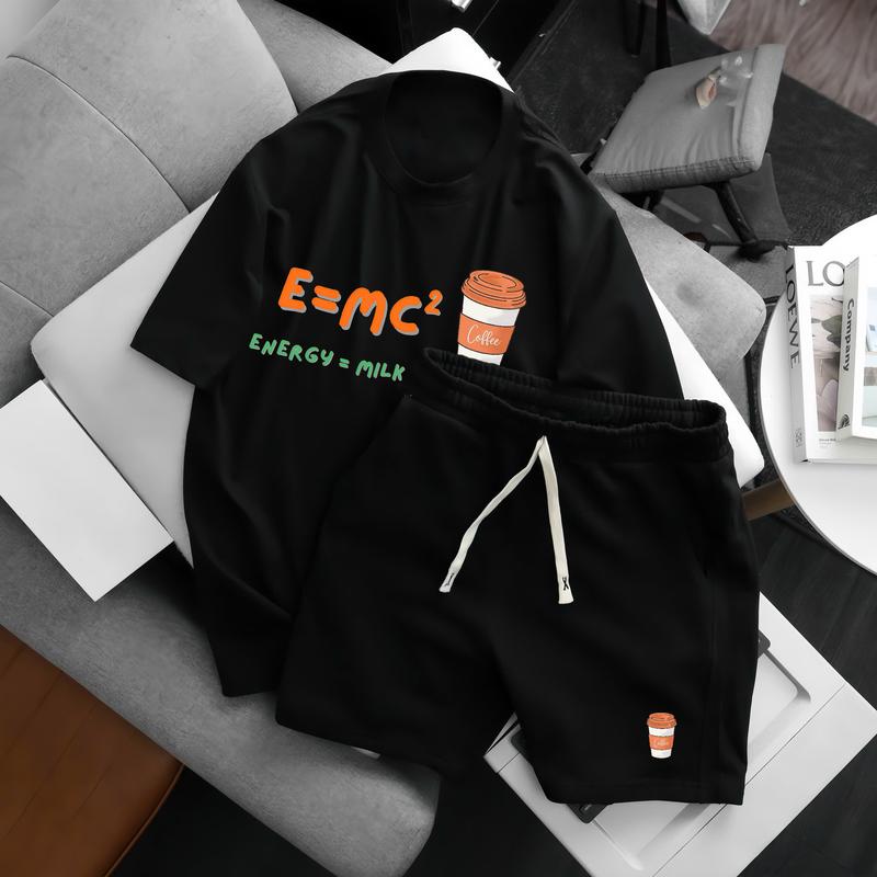 Bộ Quần Áo Nam Nữ Cotton Co Dãn Tay Lửng Họa Tiết E=MC2 Phong Cách Năng Động Thoải Mái Menswear Đen Chất Liệu Linh Hoạt Kiểu Dáng Đơn Giản Mà Thời Trang