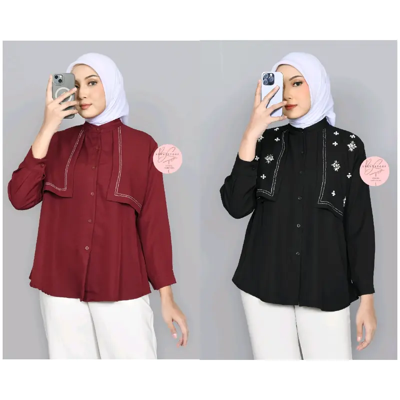 Brandstore - TRIANA Blouse New Layer Kemeja Shakila Botega Polos Shirt Kekinian Baju Panjang Wanita Atasan Katun Casual Cewek Dewasa viral vintage Oversize blouse 0