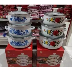 PANCI SET ENAMEL 3 SUSUN MOTIF BUNGA + TUTUP KACA 16 18 20 cm 1618-RR JAYA