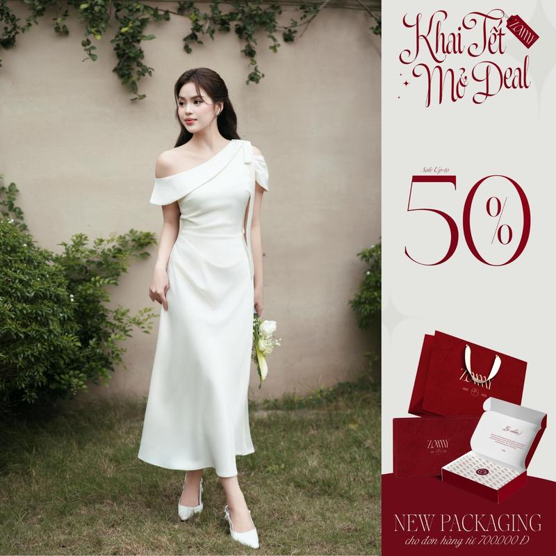 ZAMYSHOP - Váy thiết kế lụa lệch vai ly eo váy đi tiệc đi chơi sang trọng