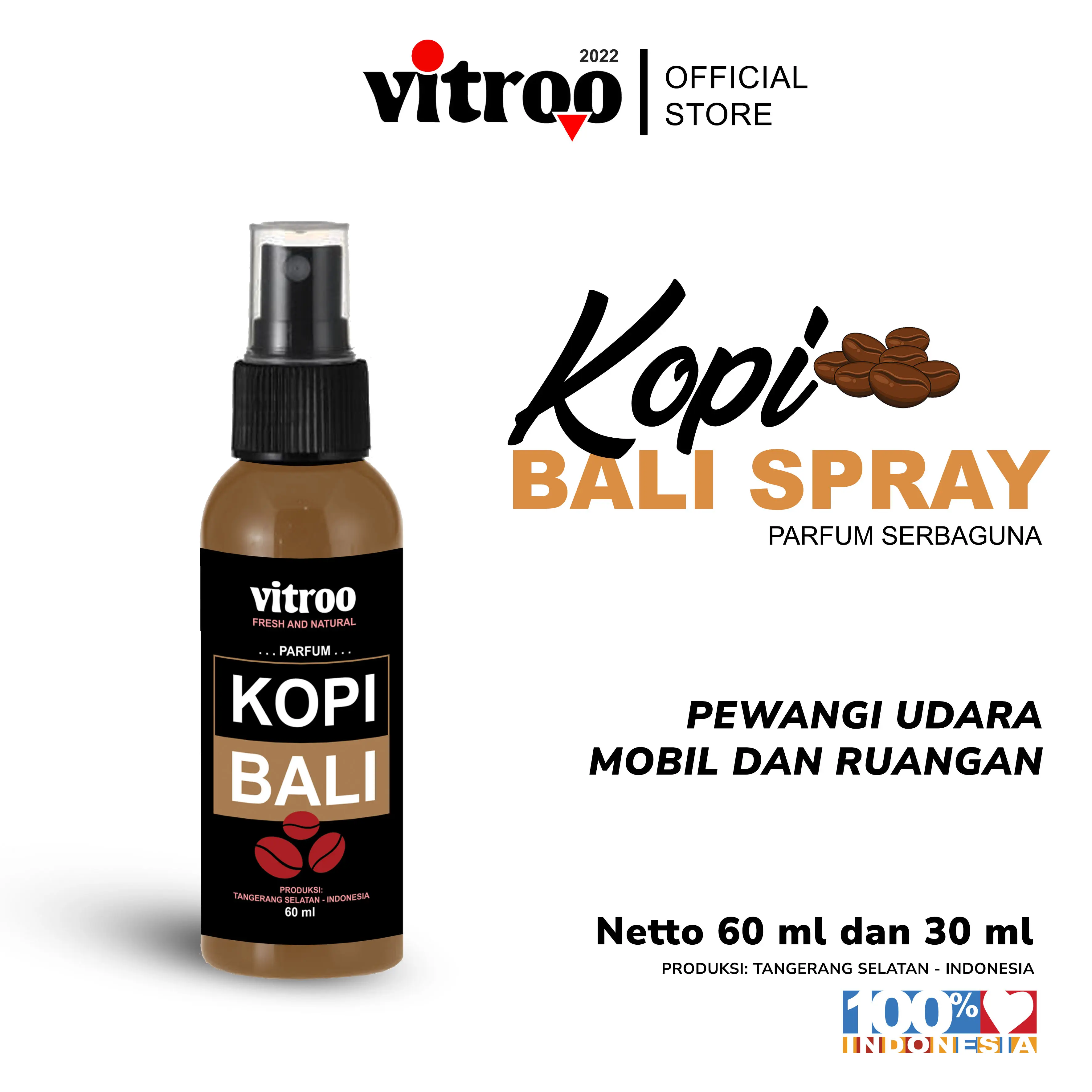 Vitroo Parfum Kopi Bali Spray Botol Semprot Cair Pengharum Pewangi Untuk Mobil Helm Jaket Kipas AC Lemari Ruangan Toilet Kamar Tidur