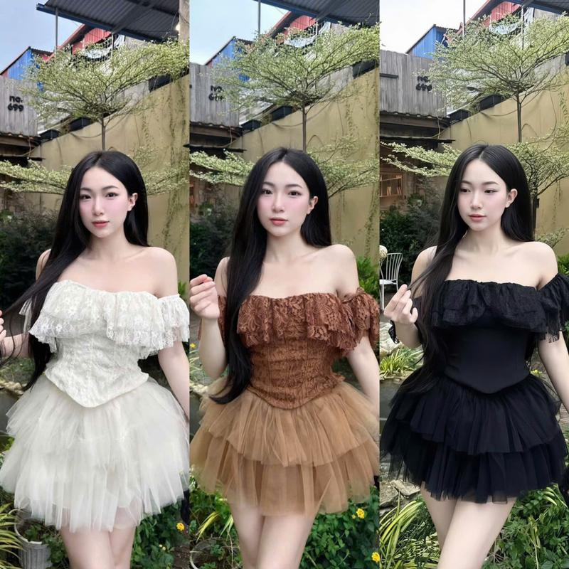 S29 TÁO ĐỎ BIGSIZE 55-90KG SET 2 MÓN BIGSIZE ÁO TRỄ VAI TẦNG REN + CHÂN VÁY TẦNG