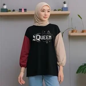 Oyrich Atasan Wanita Lengan Panjang Kombinasi Warna Lengan Variasi Gambar