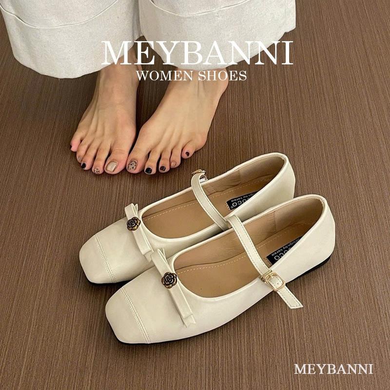 MEYBANNI - C378 - Giày Búp Bê Đế Bệt Mũi Vuông Quai Ngang Phối Nơ Đính Hoa Trà Thanh Lịch