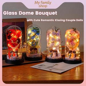 Sebungkus Kubah Kaca, 7 Bunga Ros Tiruan, dengan Patung Pasangan Berciuman Romantik Comel, Sesuai untuk Qixi, Hari Valentine, Ulang Tahun, Hari Lahir, Hari Guru dan Hadiah Graduasi