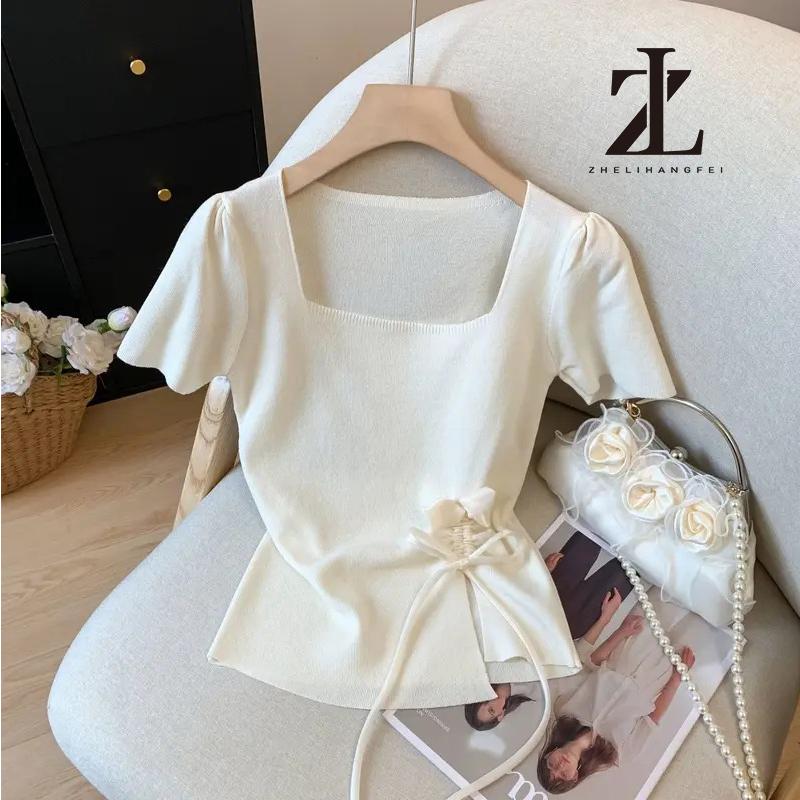 Áo Len Dệt Kim ngắn Tay Thiết Kế Bất Đối Xứng Cổ Vuông Hoa Ba Chiều Hàng Đầu