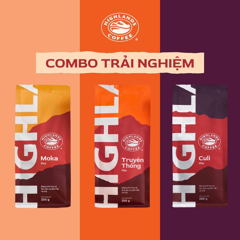 Combo Cafe Trải Nghiệm: 3 cà phê rang xay Traditional, Culi, Moka Highlands Coffee 200g Socola