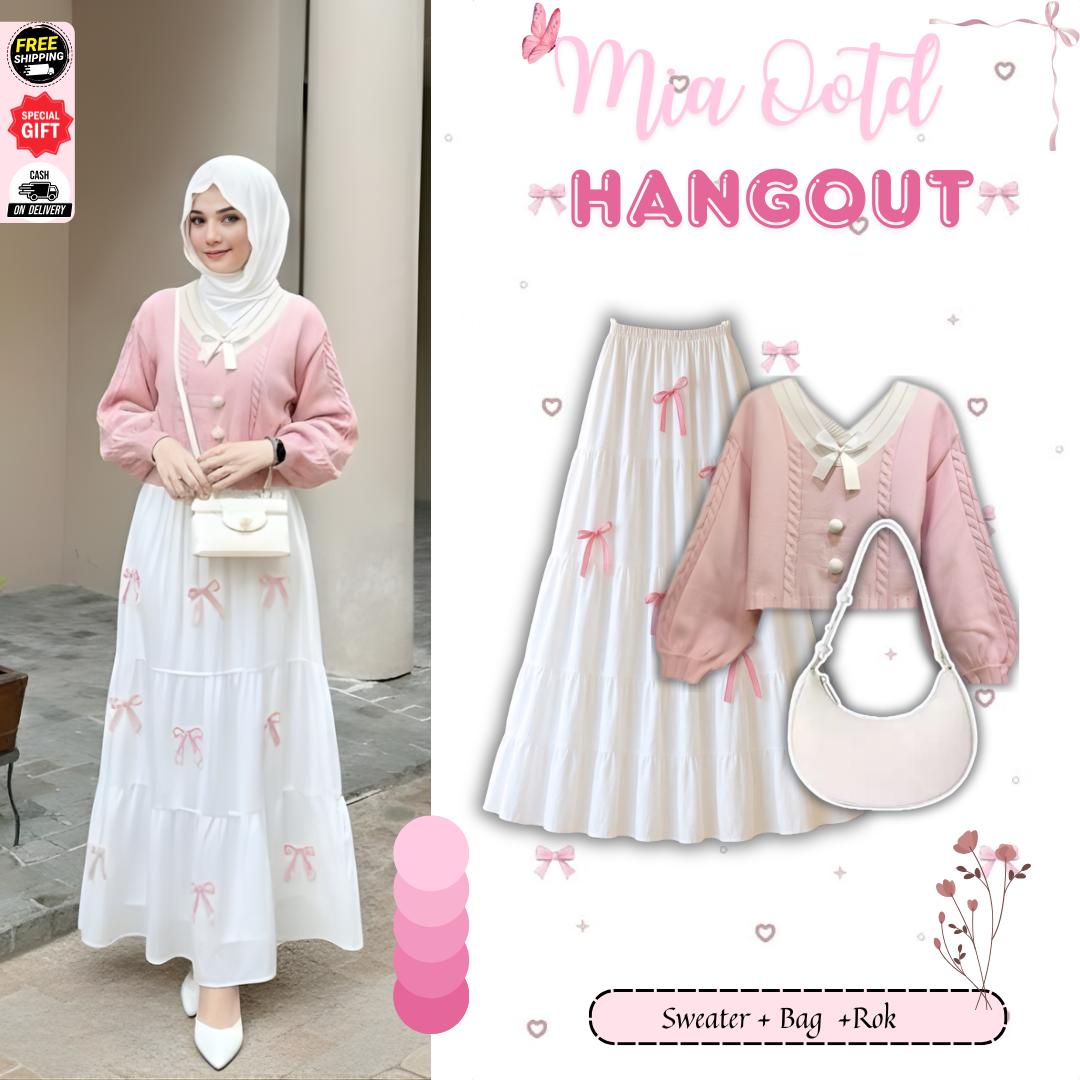 Mia One Set Korean Style [ Bag + Sweater + Rok ] Setelan Remaja Kekinian Cute Pink Viral -D95