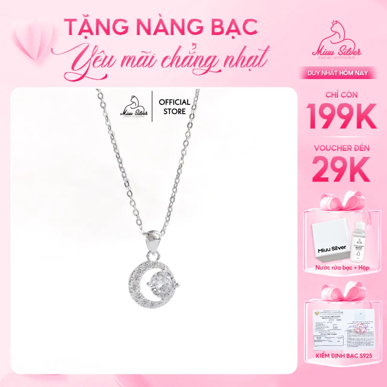 [Tặng 1 nước rửa bạc] Dây chuyền bạc nữ Miuu Silver, vòng cổ nữ hình mặt trăng Mystery Moonie