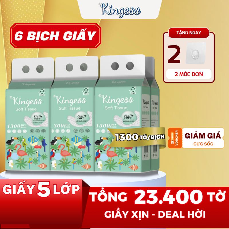 Combo Thùng 6 Túi Giấy Rút Treo Tường KINGESS Động Vật Xanh 5 Lớp. Tặng 2 móc treo tiện lợi. Giấy vệ sinh giấy rút đa năng treo tường tiết kiệm