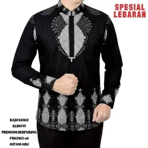 BAJU KOKO PRIA SLIM FIT Katun Muslim Tangan Panjang Motif Mewah Keren Baju Koko Modern Unik Kualitas Terbaik Premium Berfuring FRKOKO Hitam
