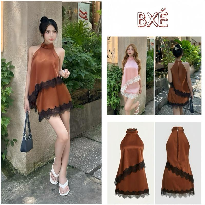 "BXÉ" Đầm Lụa Dáng Ngắn với Chi tiết Phối Ren Phong cách Thời Trang Hiện đại