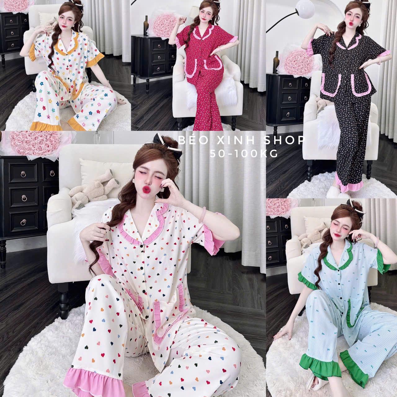 Đồ Bộ - Đồ Ngủ Tay Ngắn Quần Dài Vải Lụa Nhật Phối Cổ Sen Tiểu thư Pijama Bigsize 50-100kg Bộ Ngủ Nữ Áo Ngủ Women Quần Ngủ - A.5454