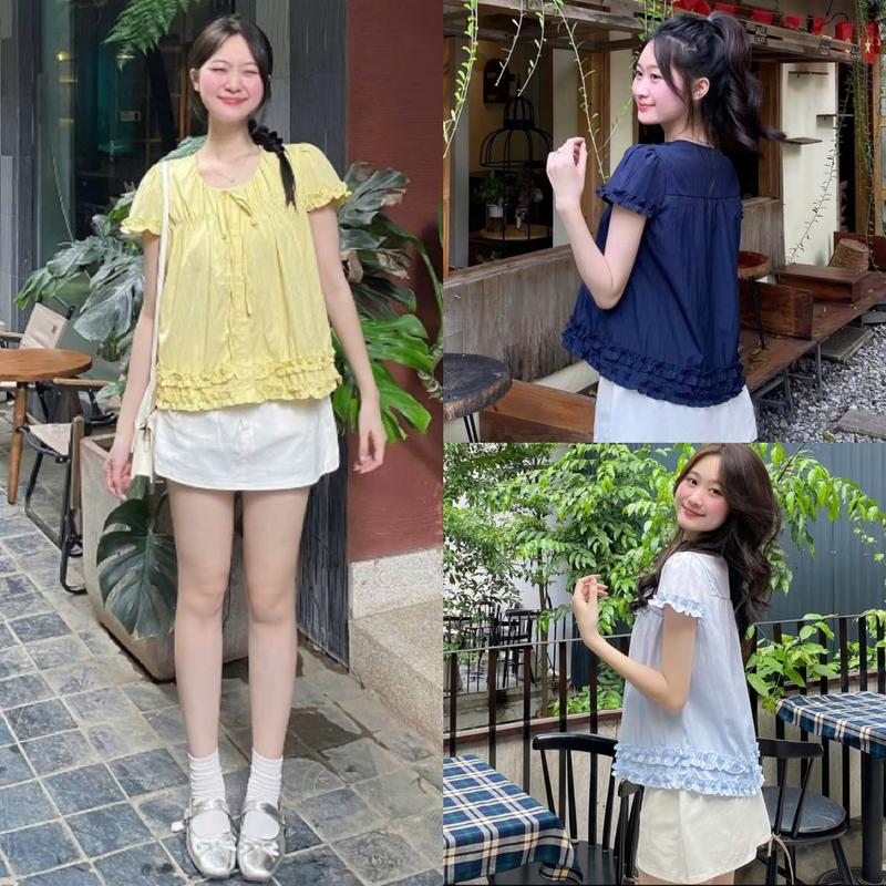 Áo sơ mi nữ A.760, Áo sơ mi cổ tròn buộc nơ cộc tay phối vạt bèo dáng vừa basic, dễ phối đồ - Shop Chấm Bi